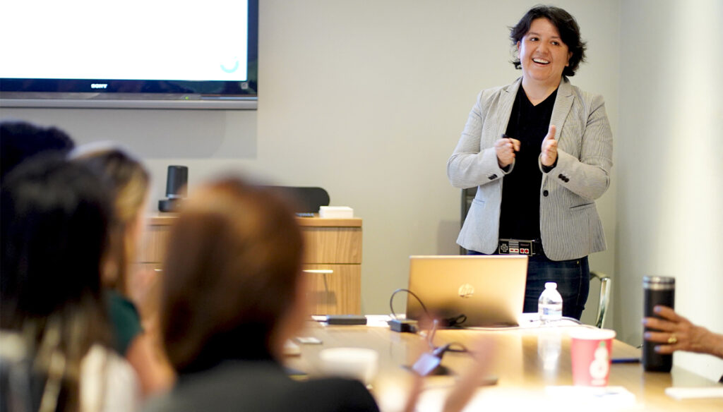 Maria Medina leading an Orange, CA, small business workshop