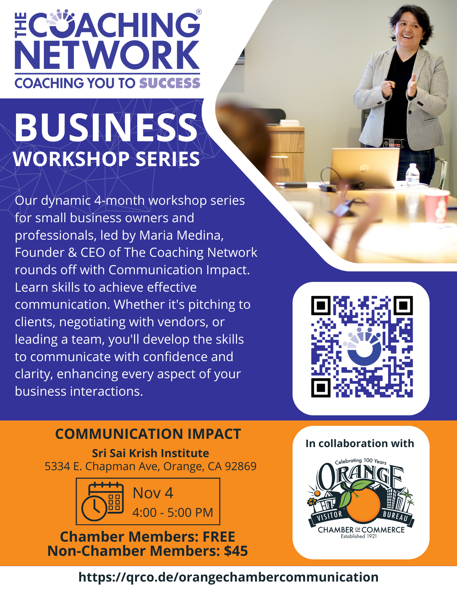 Flyer for Orange Chamber of Commerce Communication Workshop with Maria Medina