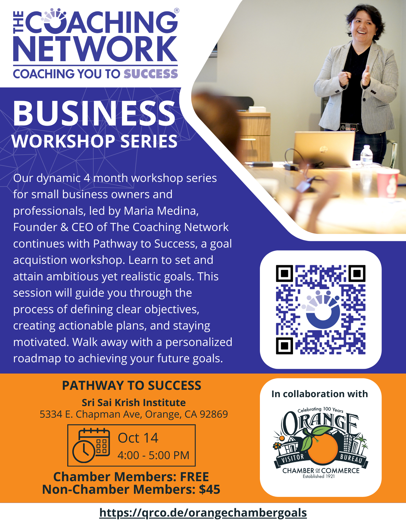 Flyer for Orange Chamber of Commerce Goal Acquisition Workshop with Maria Medina