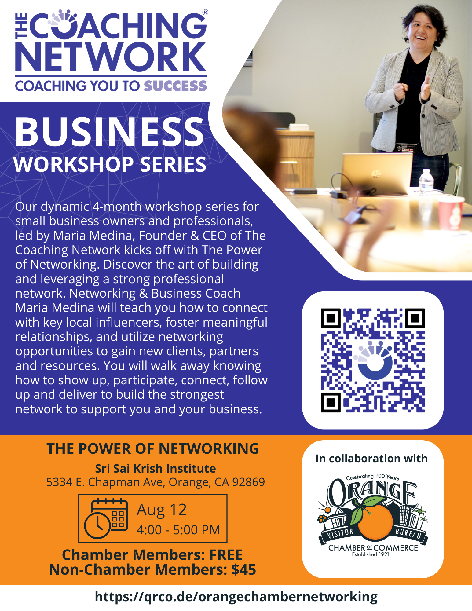 Flyer for Orange Chamber of Commerce Networking Workshop with Maria Medina