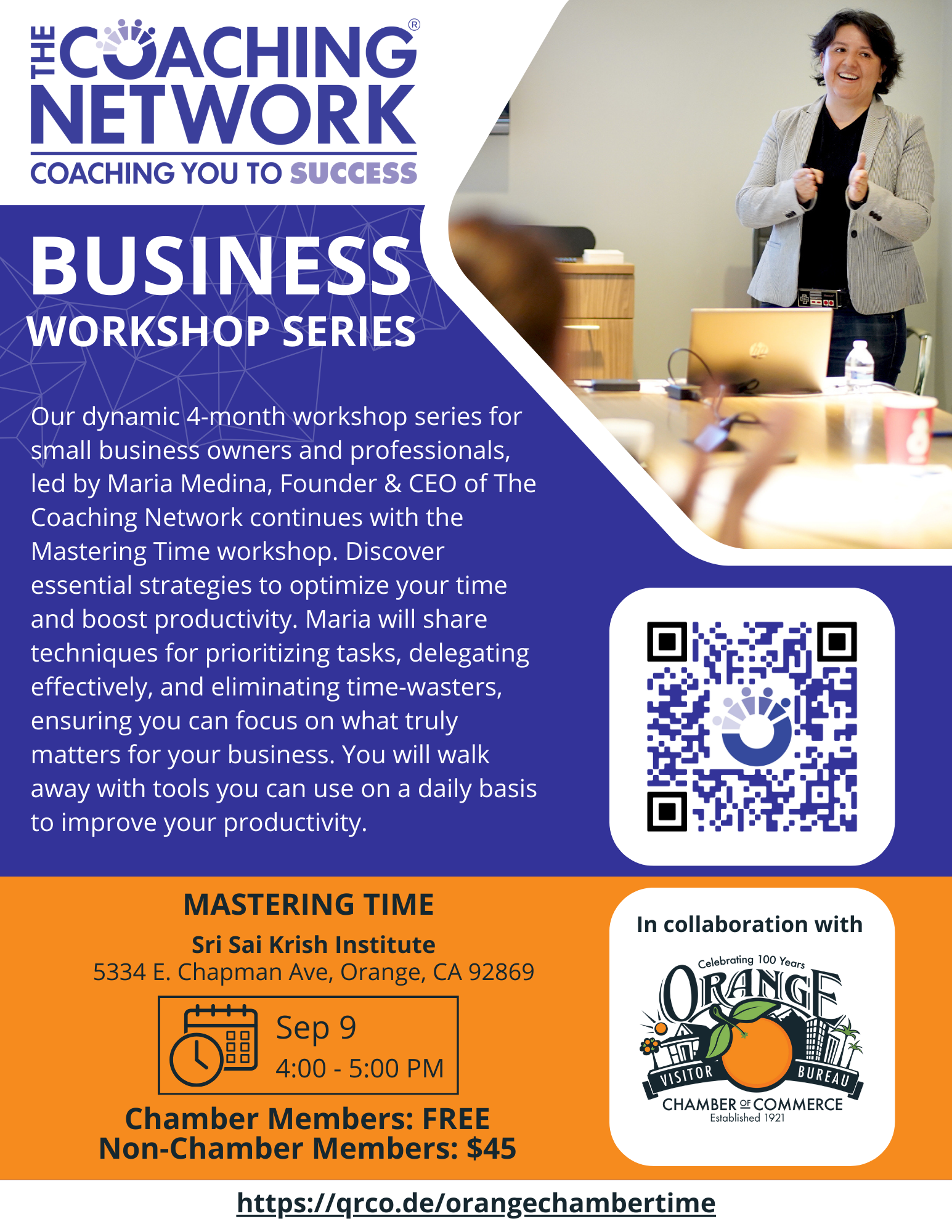 Flyer for Orange Chamber of Commerce Time Management Workshop with Maria Medina