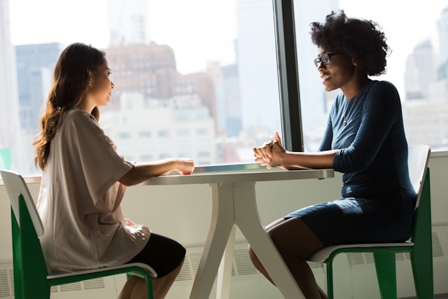 Stock photo of two people communicating