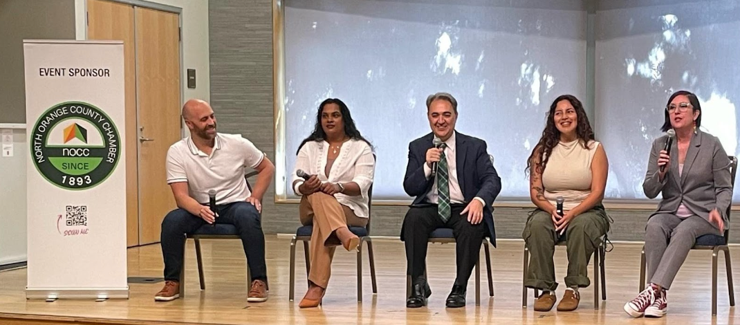 Small business panel featuring Allison Ritto (Allison Goods), Hemani Bhardwaj (Speedy Digital Print), Jasmine Hernandez (Chicana Vegana), and Michael Williams (Williams Insurance)