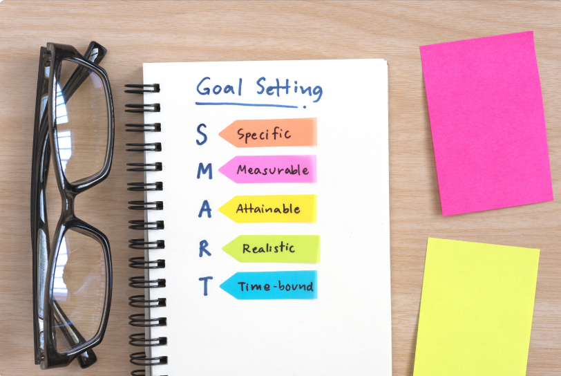 SMART Goals sheet sitting next to glasses and post its on a desk